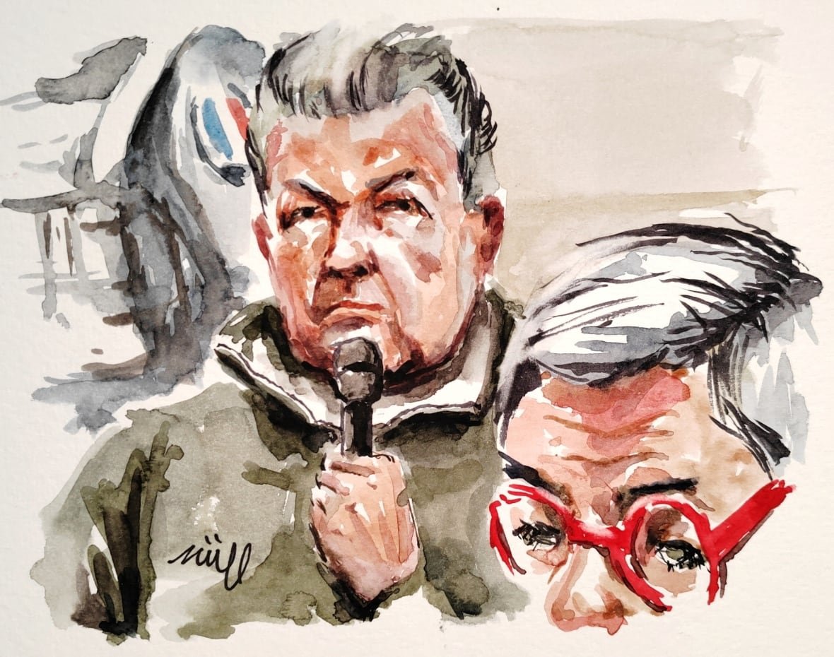 Courtroom sketch of Dominique Pelicot with his lawyer Beatrice Zavarro at the courthouse in Avignon, France.