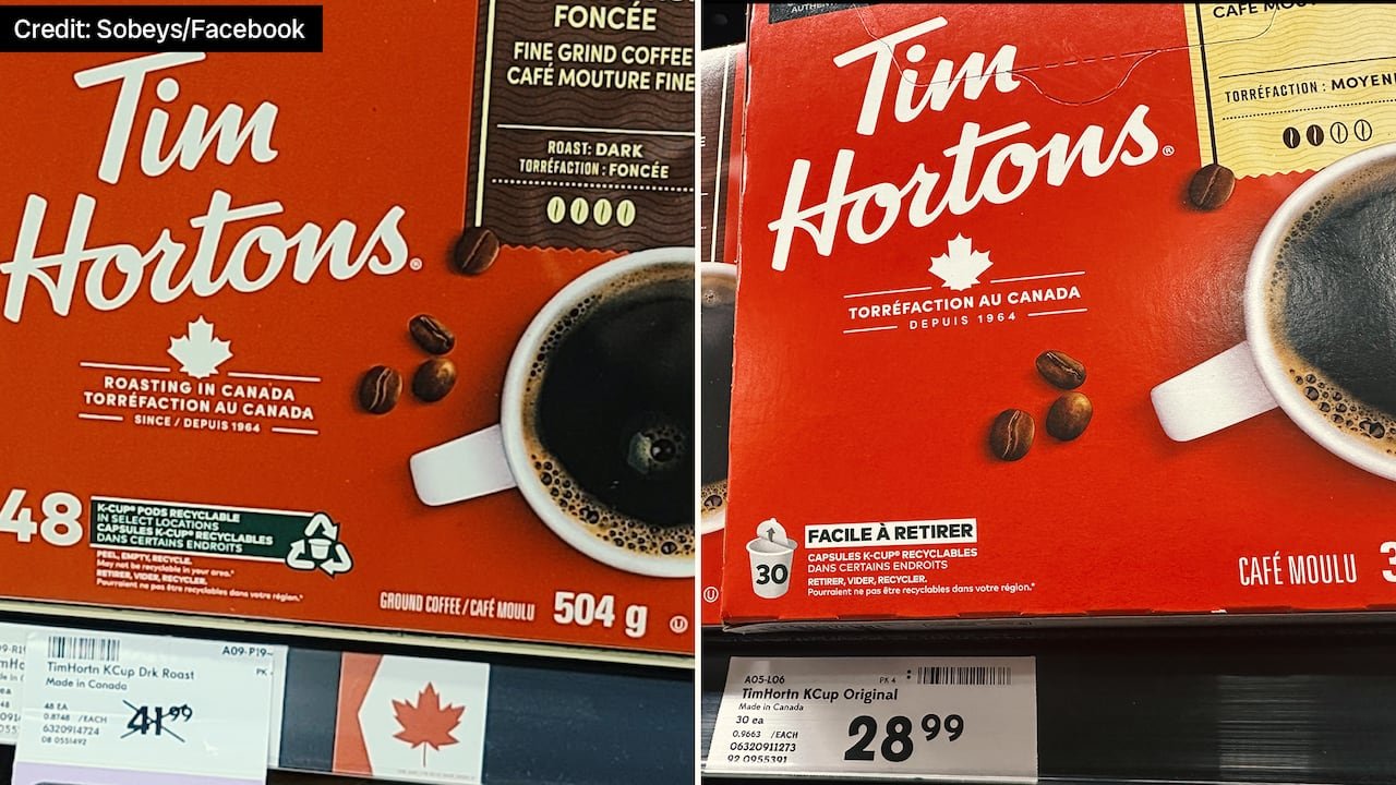 The photo on the right shows the red maple leaf symbol Sobeys typically included on the shelf tag for products with Canadian ties, such as Tim Hortons coffee. In the photo on the left, taken last week at a Toronto Sobeys, the symbol has been removed.