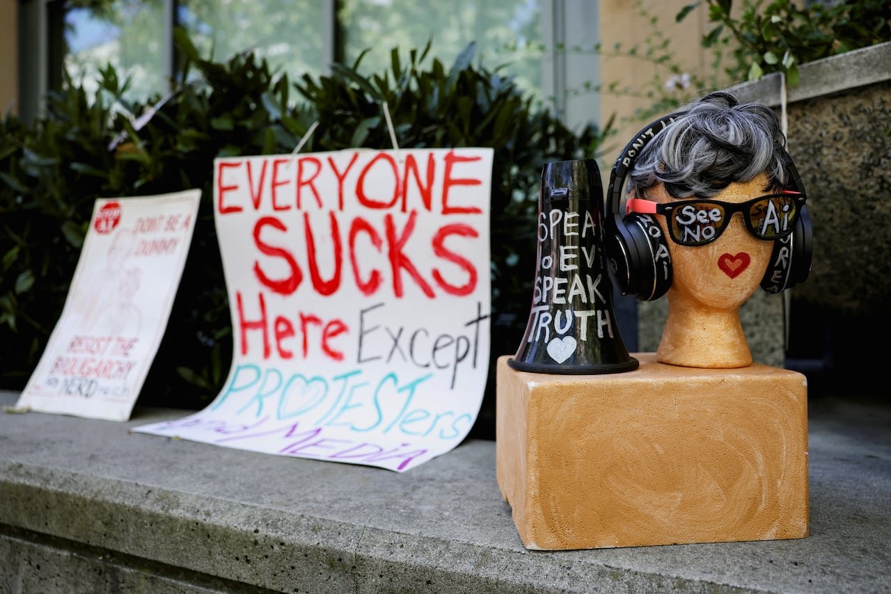 Protest signs outside a courthouse