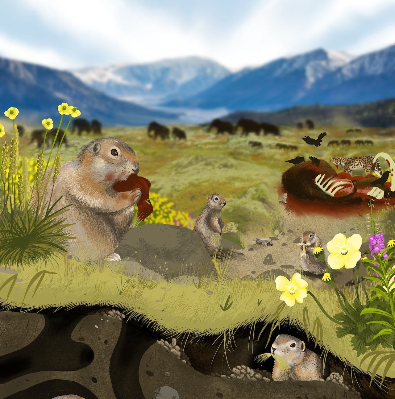 Illustration of ground squirrels in a mammoth-steppe ecosystem