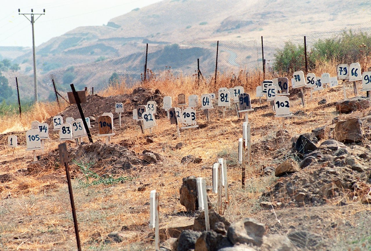 default-91 Signs with numbers are stuck in the ground in a rocky dry field surrounded by a fence.