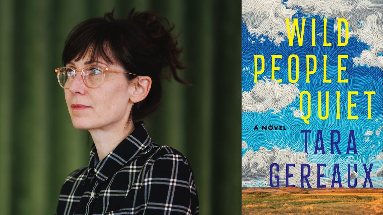 A woman with a bun and glasses looking left. A book cover featuring a beaded sky over a Saskatchewan plain.
