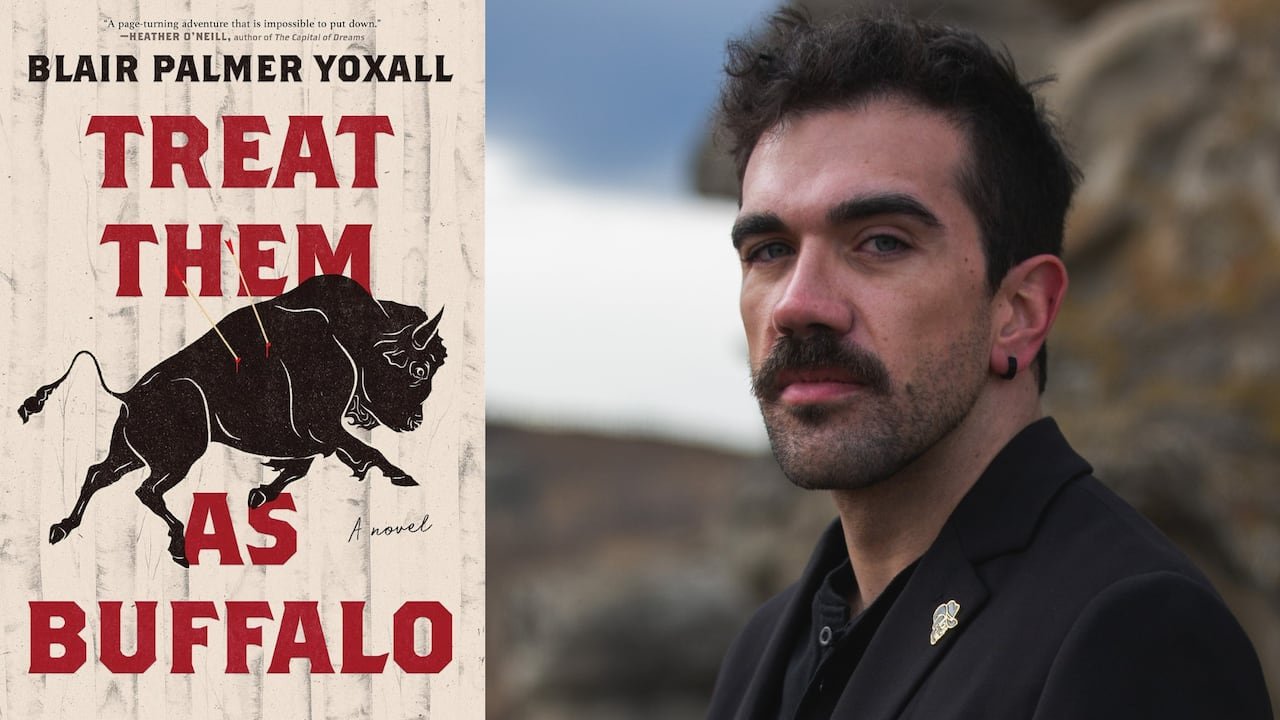 A silhouette of a buffalo on the book cover and a man with dark hair and a mustache.