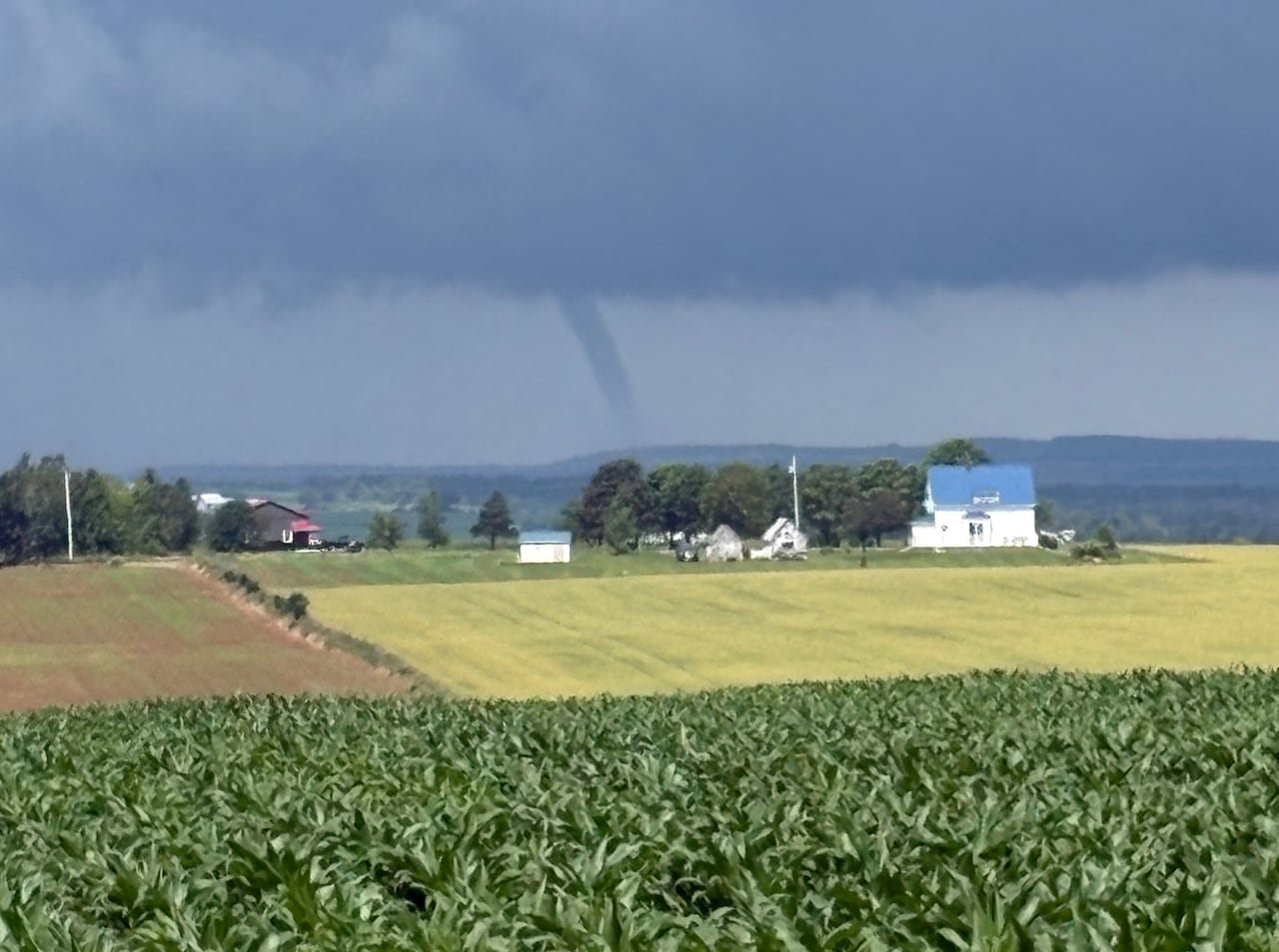 A tornado can be seen in the distance just past a farmer's field.