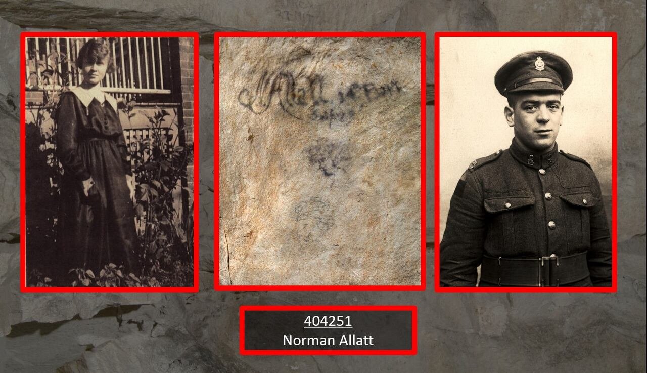 default-667 Three images: a black and white photo of a woman (left), a chalk wall portrait (centre), and a black and white photo of a soldier (right).